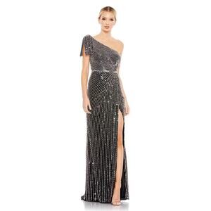 Mac Duggal 93735 Black Pearl Embellished Tie One Shoulder Formal Gown Size 0